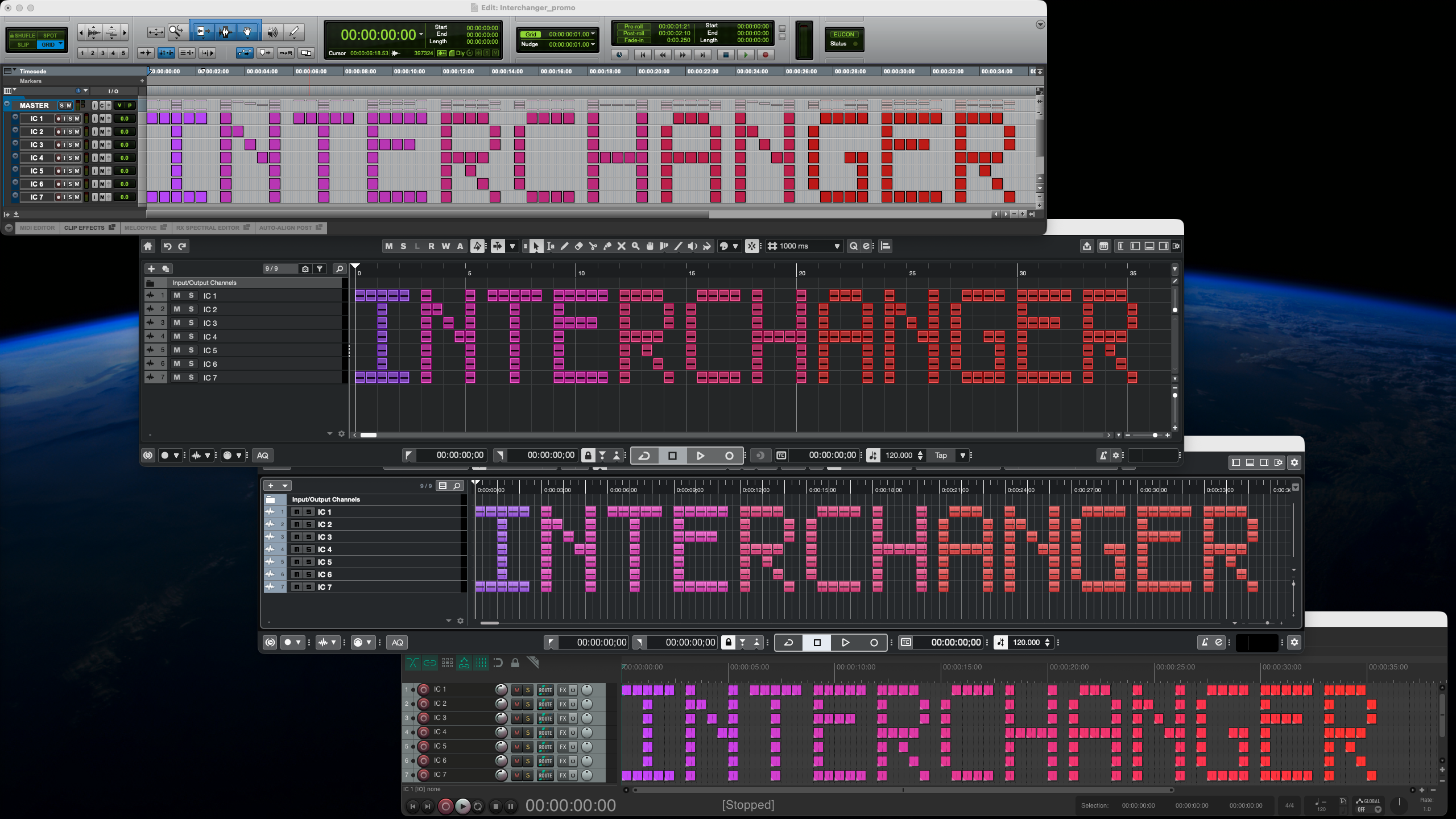The word INTERCHANGER spelled out in audio clips on the same 7-track session opened in Pro Tools, Cubase, Nuendo and Reaper — one conversion, four DAWs, identical.