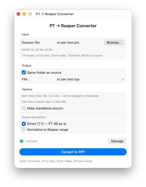 PT-Reaper Converter application interface