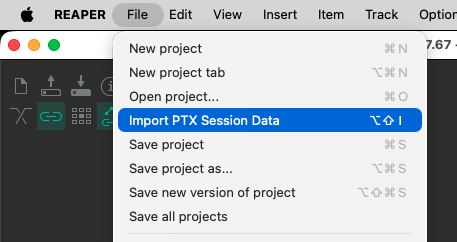 Reaper File menu — Import PTX Session Data, Option+Shift+I